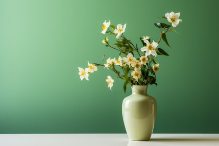 Elegantly Displayed: The Green Vase with Flowers Gracing a White Table in Stunning 3:2 Ratioの素材