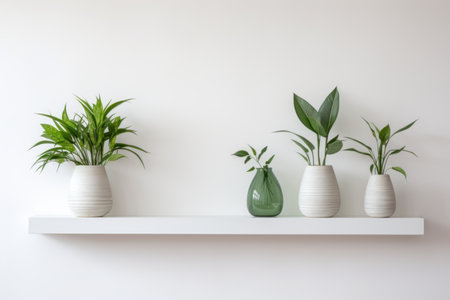 Natural Beauty: Lush Green Leaf Plants Enhance a White Wooden Shelf -- AR 3:2の素材