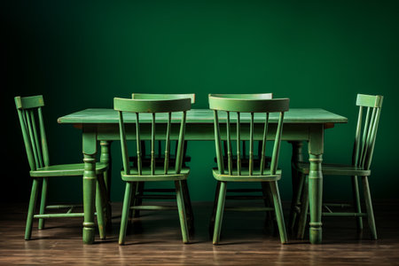 Inviting Seating Arrangement: Aesthetic Green Wooden Table with Chairs --ar 3:2の素材