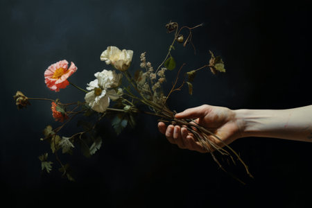 Breathtaking Beauty: Hand Holding Flowers in a Captivating 3:2 Compositionの素材