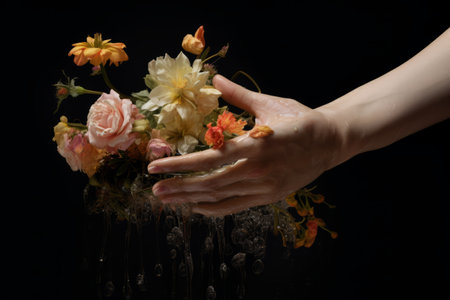 Blooming Connections: Capturing Hands Touching Flowers --ar 3:2の素材