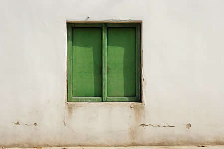 Harmony between Nature and Architecture: The Green Wooden Window Adorning a White Concrete Wallの素材