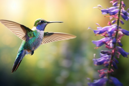 Natures Grace: Enchanting Encounter of a Green Hummingbird and Lavender Blossomsの素材