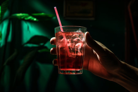 A Refreshing Sip: Capturing the Art of Hand Holding a Glass with Drink --ar 3:2の素材