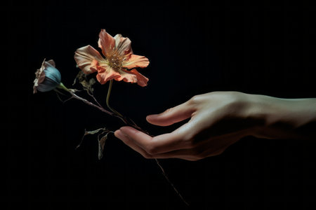 Blooming Connection: The Intimate Gesture of Hand Holding a Flower - AR 3:2の素材