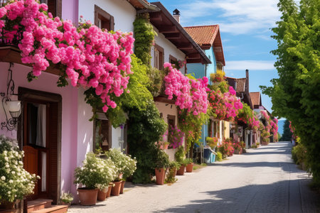 Blooming Splendor: Enchanting Houses Adorned with Flowers along Streetの素材