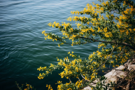 Blissful Waterside Scene: A Majestic Green-leafed Plant With Yellow Flowers Embracing the Serene Bodの素材