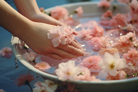 Blossoming Serenity: Hand Adorns Milk Bath with Flowers --AR 3:2の素材