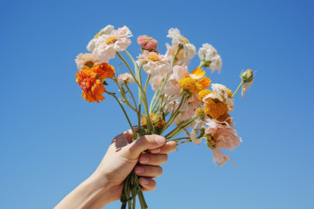 Beauty Blooms: A Captivating Handful of Flowers under the Azure Skyの素材