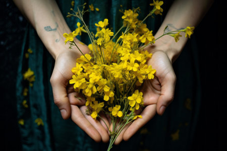 Blooming in Unity: Delicate Hands Holding Small Yellow Flowersの素材