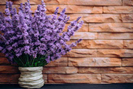 Blooming Beauty: Lavender Flowers Illuminate Brown Bricked Surfaceの素材