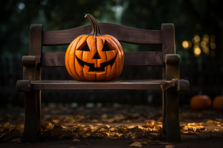 Enchanting Jack O Lantern: A Delightful Sight on a Rustic Wooden Benchの素材