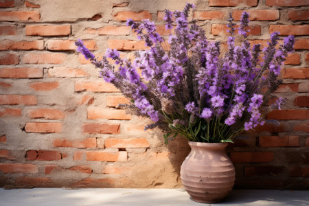 Serenity Unleashed: A Captivating Bouquet of Lavender Blooms Amidst a Rustic Brick Backdropの素材