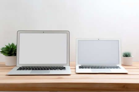 Contemporary Workspace: Laptop and Tablet Resting on White Wooden Tableの素材