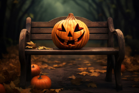 Glowing in Fall: Jack O Lantern Enchants a Wooden Benchの素材