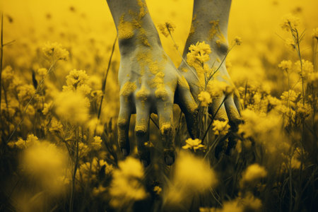 Embracing Nature: A Human Hand Amidst a Vibrant Sea of Yellow Petalsの素材