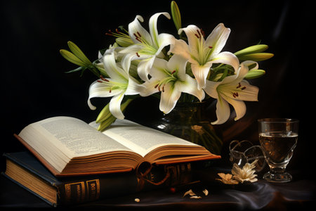 Harmonious Still Life: Lilies, Books, and Eyeglasses --ar 3:2の素材