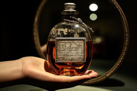 Reflections of Beauty: A Labeled Cosmetic Bottle on Hand Mirrorの素材