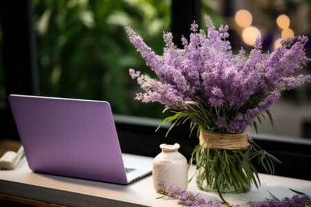 Blooming Creativity: The Serene Marriage of Lavender Flowers and a Laptopの素材