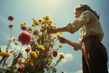 Blossoming Love: Captivating Low-Angle Shot of a Man Presenting Flowers to a Womanの素材