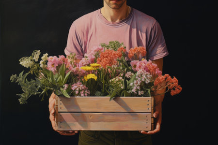 Blooming Bounty: A Man Embracing a Crate of Flowering Plantsの素材