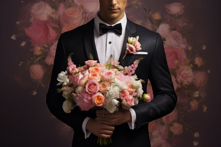Blossoming Love: A Man Holding a Flower Bouquet in AR 3:2の素材