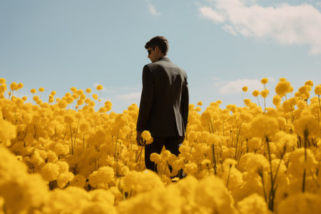 Blossom Amidst the Sun: A Man Standing on a Bed of Yellow Flowersの素材