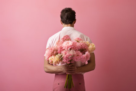 The Enigmatic Gentleman: A Man in Pink Clothes Concealing Flowersの素材