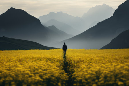 Infinite Serenity: A Man Standing Amidst Golden Rapeseed Fields Surrounded by Majestic Mountainsの素材