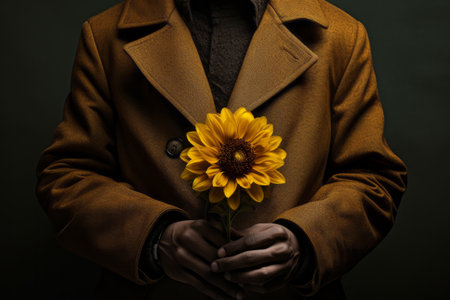 Artsy Portrait: Man Embracing Nature with a Yellow Flower in Handの素材