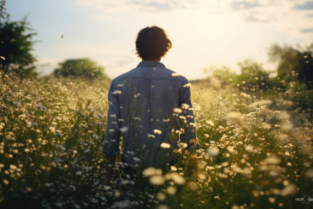 Embracing Natures Harmony: Man in Meadow - ar 3:2の素材