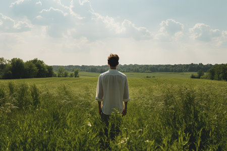 The Serene Image of a Man Standing on a Lush Green Grass Fieldの素材