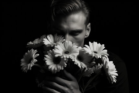 Blooming Emotions: Captivating Monochrome Portrait of a Man Tenderly Holding Flowers - AR 3:2の素材
