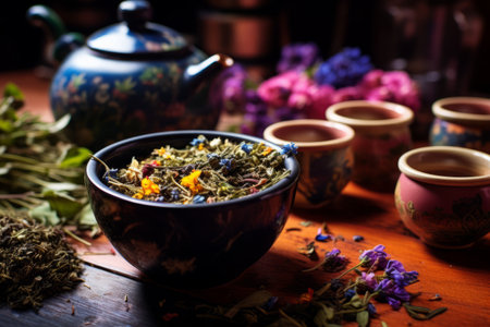 Vibrant Herb Elixir: Multicoloured Botanicals in Ceramic Bowls Bubbling with Tea Infusionsの素材