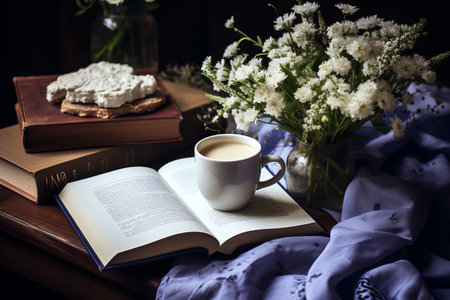 An Intimate Tale: Open Book, Milk in a Cup, Flowers, and a Lying Sweaterの素材