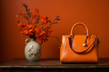 Trendy Chic: A Bold Orange Handbag Complements a Leaning Vase â AR 3:2の素材