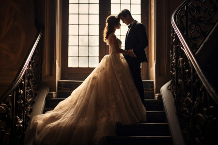Elegant Moments: Newlywed Bliss on the Stairs - AR 3:2の素材