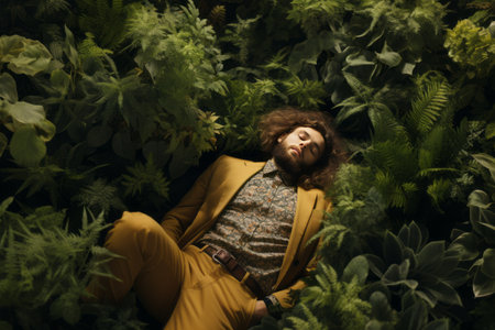 Natures Serene Dream: Man Indulging in Solitude Amongst Lush Greeneryの素材