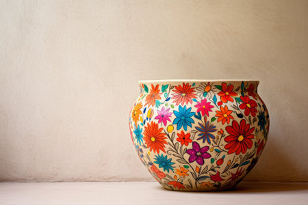Bursts of Color: Multicolored Flowers Adorn Beige Ceramic Pot in a Striking 3:2 Artworkの素材