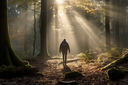 Enigmatic Stroll: The Mans Journey through the Forestの素材