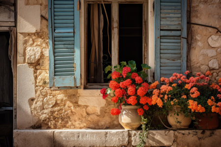 A Vintage Charm amidst Blooming Flowers: The Old Building Adorned with Window Shutters (3:2)の素材