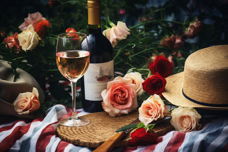 A Delightful Gastronomic Journey: Food and Wine, alongside Flowers and Straw Hats, on a Charming Picの素材