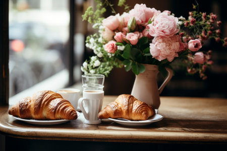 Blooming Delights: A CafÃ©s Perfect Harmony of Croissants and Flowersの素材