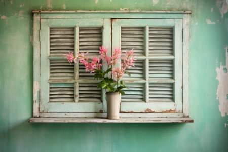 A Vibrant Display: Green and Pink Flower Blooms Through a Green and White Wooden Framed Windowの素材