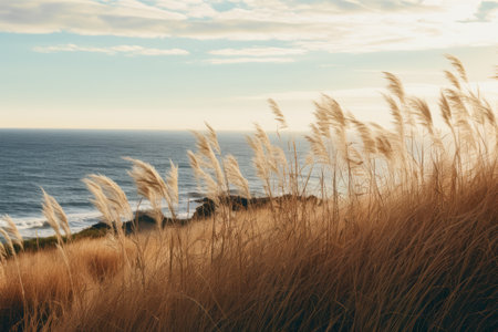 Serenity and Scenic Beauty: Grasses on Hill Overlooking the Majestic Ocean - AR 3:2の素材