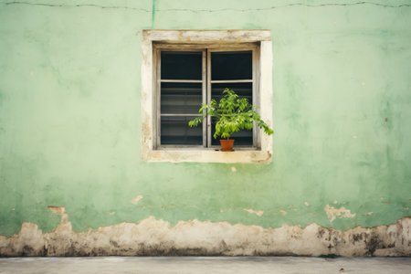The Serene Harmony of Nature: Green Wooden Window Adorning a White Concrete Wallの素材