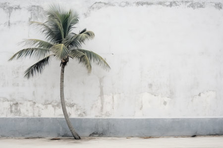 The enchanting contrast: Gray Coconut Tree standing tall beside a pristine White Wall --ar 3:2の素材