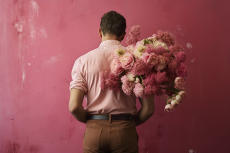 The Graceful Gentleman: A Man in Pink, Flowers Adorning his Backの素材