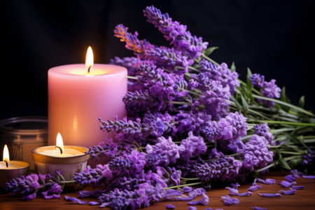 Aromatic Symphony: Lavender Flowers and Lighted Candle Painting - AR 3:2の素材