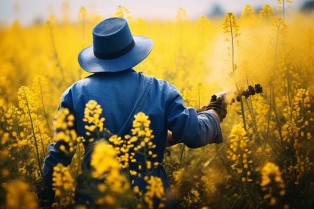The Colorful Contrast: Man in Blue Hat Adds Vibrancy to Yellow Flower Fieldの素材